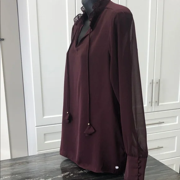 Women's Ruffle-Neck Long Sleeve Blouse – Women’s M – Rich Burgundy - Picture 5 of 13